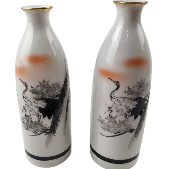 Vtg Japanese Sake Bottle Vase Porcelain Hand Painted 7” With Crane and Pine Tree - Picture 1 of 6